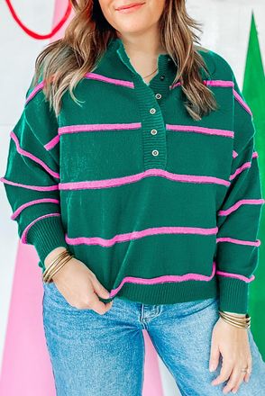 Azura Exchange Womens Striped Button Sweater - Dark Green Viscose - Size X-Large