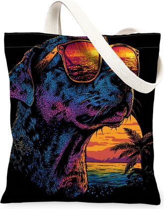 Generic Summer Catahoula Leopards Dog Canvas Tote Bag for Shopping 13x15, Cool Beach Coastal Puppy Reusable Grocery Print Pattern Bag for Women, Retro Pet Bea