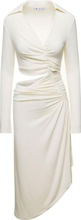 Off-white White Midi Dress With Cut And Gathering Details In Viscose Stretch Woman