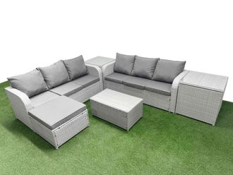 Fimous Outdoor Garden Furniture Sets 7 Seater Wicker Rattan Furniture Sofa Sets w/ Rectangular Coffee Table high Back Lounge Sofa Big Footstool 2