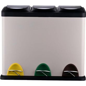 Relaxdays Cestino Relaxdays, 3 scomparti, 24 L, pedale, secchio interno, separatore rifiuti cucina, 39,5&times;46&times;26,5 cm, ferro beige