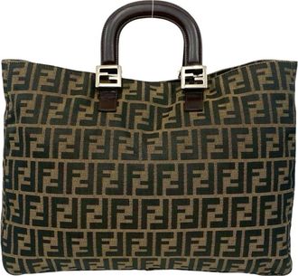 Fendi Black Brown Leather Canvas Handbag Tote Bag (Pre-Owned)