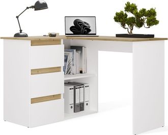 Topeshop Nicea - Escritorio De Esquina Con Almacenaje - 3 Cajones + 2 Estantes - 120x48,5x75 Cm - Escritorio Para Ordenador - Roble Artisan / Blanco