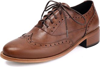 Generic Womens Classic PU Leather Oxfords Lace Up Business Formal Shoes Low Block Heel Wingtip Brogue Dress Shoes,Brown,7.5 UK