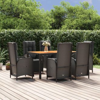 vidaXL Set De Comedor De Jard&iacute;n 7 Pzas Y Cojines Rat&aacute;n Sint&eacute;tico Negro Vidaxl