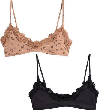 SKIMS Fits Everybody Assorted 2-Pack Lace Bralettes in Onyx And Sketched Hearts at Nordstrom, Size X-Small