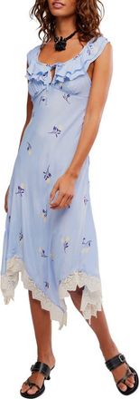 Free People Flock Together Floral Handkerchief Hem Midi Dress in Poplin Blue Combo at Nordstrom, Size X-Small