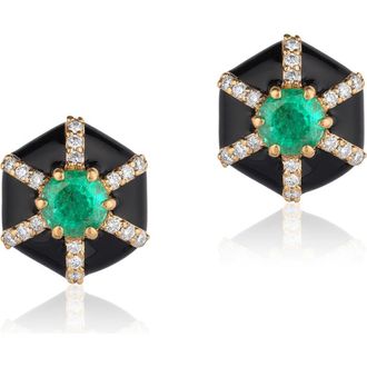 Goshwara Queen Hexagon Emerald & Diamond Stud Earrings in Green /Black at Nordstrom