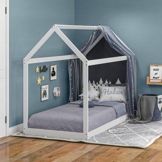 HOMCOM Wooden Single Bed Frame with Tree House Style in White