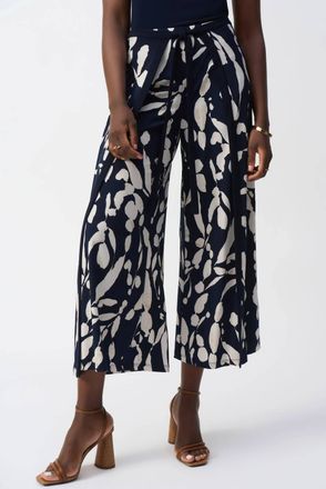 Joseph Ribkoff Floral Wrap Front Cropped Pants In Midnight Blue/beige