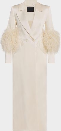 Sally Lapointe Feather-Trim Satin Double Breasted Long Coat