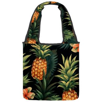 Generic Tropical Pineapple Pattern Reversible Canvas Shoulder Tote - Double-Sided Print, 12oz Cotton, 27cm Drop, Fold-Flat Bag for Travel, Shopping, Street Ou