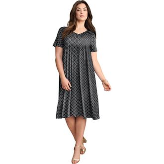 Roaman's Plus Size Short Sleeve Sleeve Swing Dress in Black White Geo at Nordstrom, Size 36P