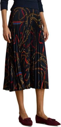 Lauren Ralph Lauren Belting Print Pleated Georgette Skirt in Navy Multi at Nordstrom, Size 10