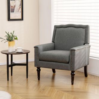 Costway Costway Modern Armchair Linen Fabric Upholstered Single Sofa Side Chair with Nailhead Trim in Grey