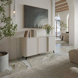 Dmora Aparador Loreo, Aparador De Sal&oacute;n Con Tres Puertas Batientes Y Compartimentos Interiores, Elevado Del Suelo, 151 X 42 X 70 Cm, Beige