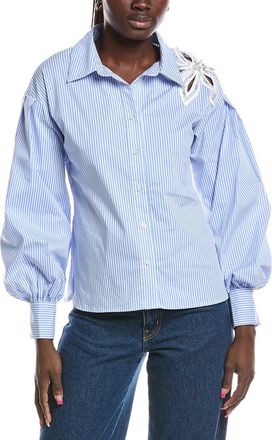Gracia Embroidered Stripe Wrap Style Puff Sleeve Top