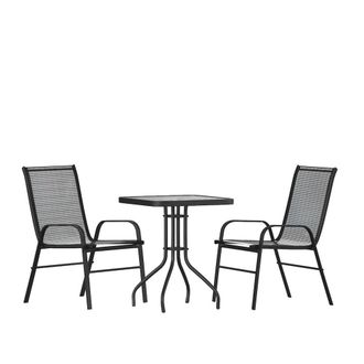 Flash Furniture 3 Piece Set - 23.5 Tempered Glass Patio Table, 2 Black Stack Chairs