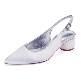 Generic Wedding Bridal Shoes Women Chunky Block Satin Low Heels Pointed Toe Slingback Evening Party Prom Office Shoes 4.5Cm,White,4 UK