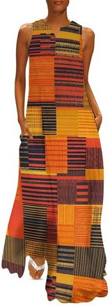 Generic African Kente Cloth Pattern Womens Maxi Dresses Boho Floral Sleeveless Ankle Length Flowy Long Dress with Pockets 2XL