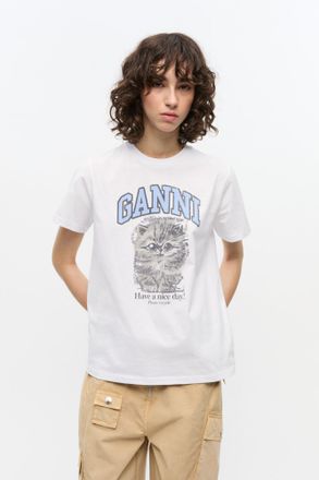 Ganni White Relaxed Jersey Kitty T-shirt - Size XXS Cotton