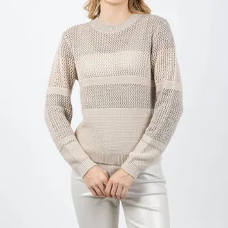 Kinross Cashmere Mixed Stitch Lurex Crew Sweater In Dune