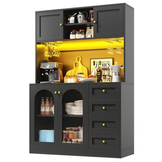STILVORA Aparador De Cocina Alto Con 4 Puertas, Led Ajustable Y Almacenaje Interior, En Mdf Negro, 120 X 40 X 188 Cm
