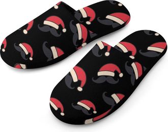 Generic Mustache Christmas Hat Flannel Mens Slip-on Slippers Winter Warm House Shoes with Rubber Sole for Home Hotel
