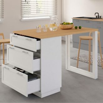 IDMarket Vito 130 Cm 3 Cajones Blanco Cacerola Centro Isla Con Encimera De Madera, 4 Personas