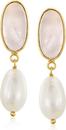 Ross-Simons 8x13mm Cultured Pearl and Rose Quartz Drop Earrings in 18kt Gold Over Sterling