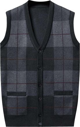 Generic Mens Jumpers Vest,Sleeveless V Neck Sweaters Waistcoat,Button Knitted Wool Sweater Tank Tops,Check Slipover Gilet with Pockets,Slim Fit Casual Knitwea