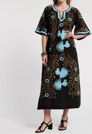 Frances Valentine Embroidered Charming Caftan Dress In Light Blue/ Black