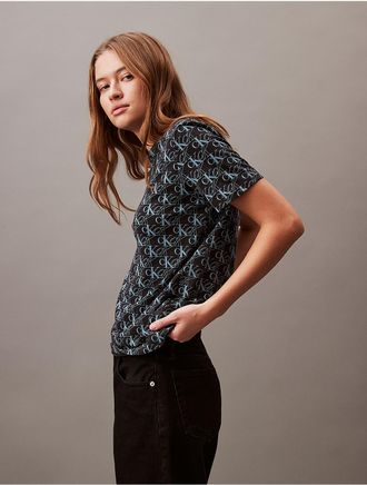Calvin Klein Womens Allover Monogram Logo Print Classic T-Shirt - Black - XS