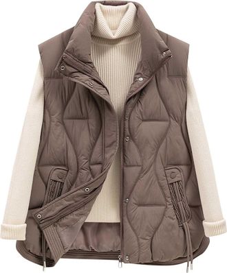 Generic Gilets for Women UK Cropped Quilted Zip Up Stand Collar Jacket Solid Soft Comfy Vest Ladies Autumn Winter Warm Sleeveless Waistcoat with Pockets