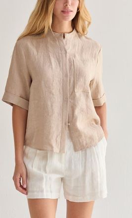 Crescent Mandarin Collar Button Up Linen Top in Oatmeal at Nordstrom, Size Large
