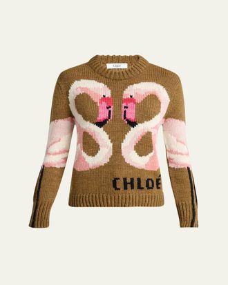 Chlo&eacute; Flamingo Wool Knit Crewneck Sweater