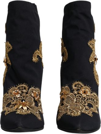 Dolce & Gabbana Black Gold Embroidery Slip On Boots Womens Shoes (Pre-Owned)