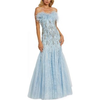 Mac Duggal Strapless Feather Embellished Mermaid Gown in Powder Blue at Nordstrom, Size 12