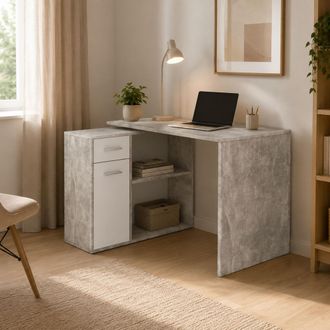 Dmora Escritorio Linaza, Esquinero, Un Caj&oacute;n, 2 Estantes, 120x92x74h Cm Gris Cemento