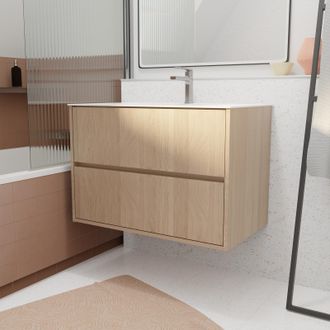 Aurlane Pack Mueble De Ba&ntilde;o 80 Cm Roble Claro 2 Cajones Con Lavabo De Cer&aacute;mica