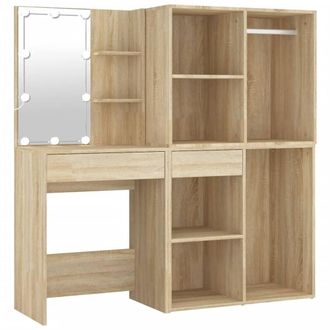 Berkfield Home LED Dressing Table with 2 Cabinets Sonoma Oak Engineered Wood in Light Brown