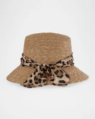 Eugenia Kim Ramona Straw Bucket Hat with Leopard-Print Bow