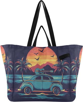 Generic Car Palm Trees Blue pattern Reusable Canvas Tote Bag, Heavy Duty Grocery Shopping Bag with Double Handles Hard Bottom Large Capacity Work Groceries Tr