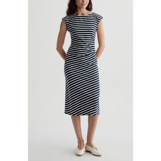 AG - Adriano Goldschmied Aja Ruched Stripe T-Shirt Midi Dress in Pacific Navy/powder at Nordstrom, Size X-Large