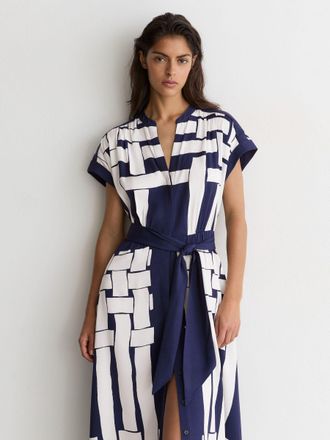 Reiss Scarf-print Belted Midi Dress, 18