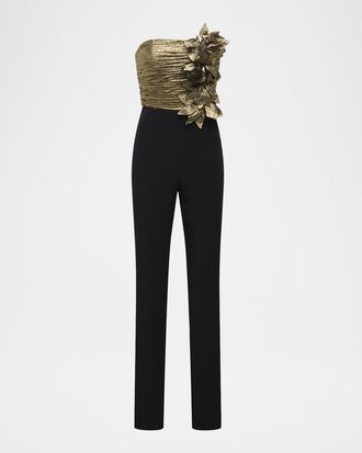 Bcbgmaxazria Metallic Lam&eacute; Flower Strapless Jumpsuit