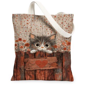 Generic Cute Cat Floral Canvas Tote Bags, Vintage Animal Plant Pattern Reusable Grocery Bags, Lightweight Washable Shoulder Strap C, Gray, 13x15 Inch