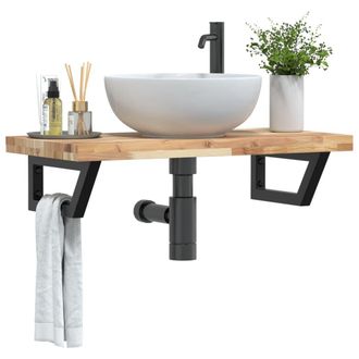 Berkfield Home Basin Shelf Wall Mounted Steel & Solid Wood Acacia in Brown
