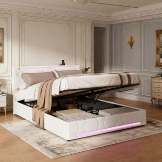 OEM Cama Con Arc&oacute;n - 140x190 - Tapizado En Lino Beige - Somier De Lamas - Arc&oacute;n, Led Y Puertos Usb