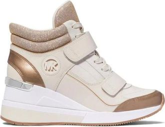 Michael Kors Schoenen, Dames, Beige, 36 EU, Katoen, Gentry Leren en Glitter Ketting Mesh Hoge Wedge Trainer